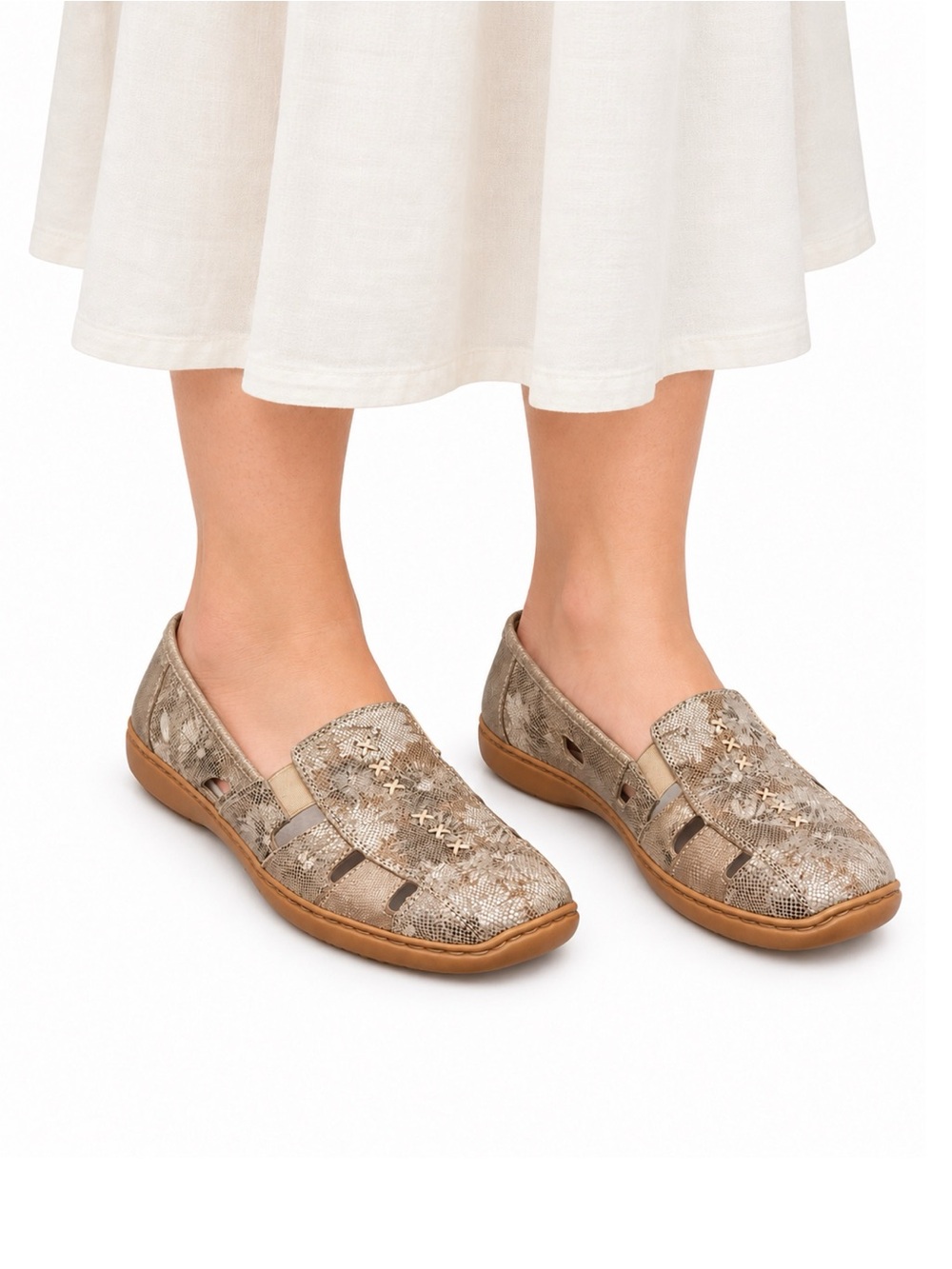 Size 10 (EU 42) Rieker Women’s Antistress Metallic Cutout Leather Slip-On Flats